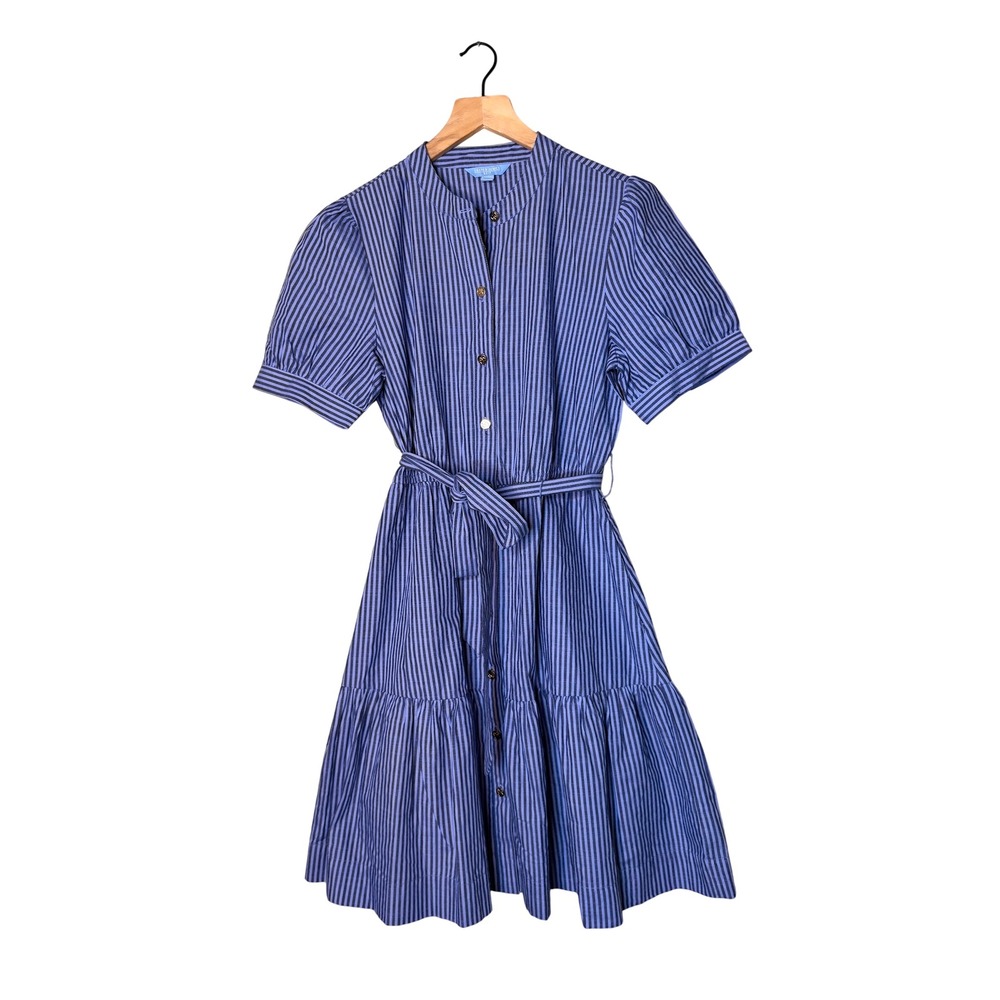 Draper James RSVP Blue Striped Button Front Tie Waist Tiered Shirt Dress Small